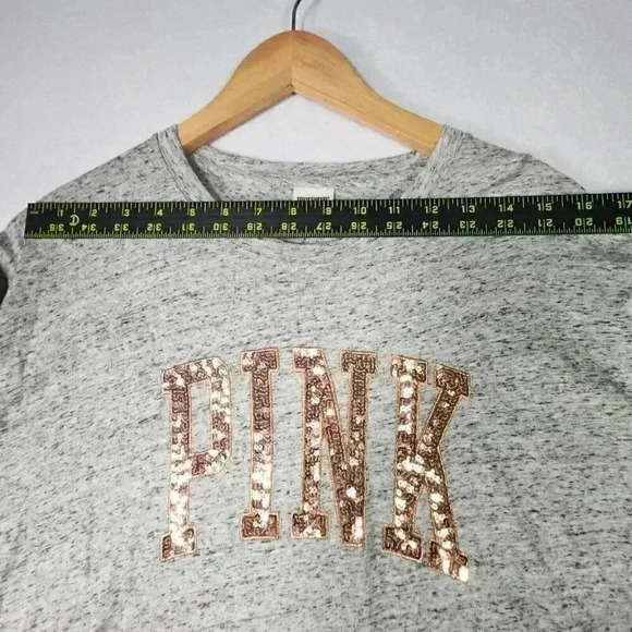PINK Victoria's Secret Women's Bling T-shirt Small Rose Gold Sequin Logo LS Gray - Picture 9 of 14